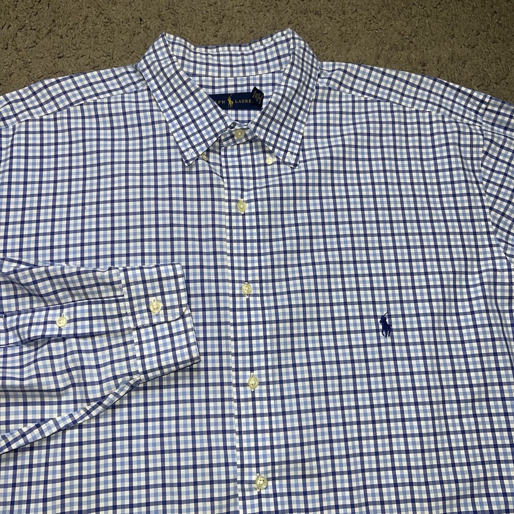 Polo Ralph Lauren Mens Gingham Button Down Shirt Blue White Classic Fit‎ 2XLT